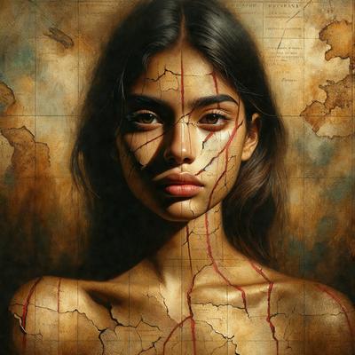 The primary subject of the image is a woman with a broken heart. She is depicted with a map of the world on her face, symbolizing the pain and heartbreak she is experiencing. The setting is a painting, and the visual style is artistic, with a focus on the emotional impact of the scene. The colors and mood of the image are somber and reflective, capturing the depth of the woman's emotions.